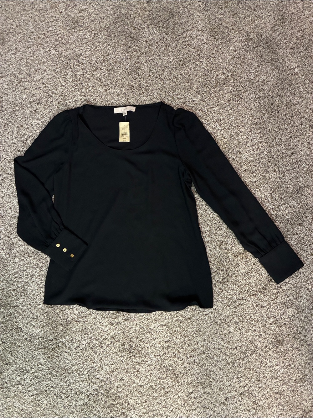 🎉 4/$25 NWT LOFT Black Long-Sleeve Blouse with Gold Cuff Buttons
